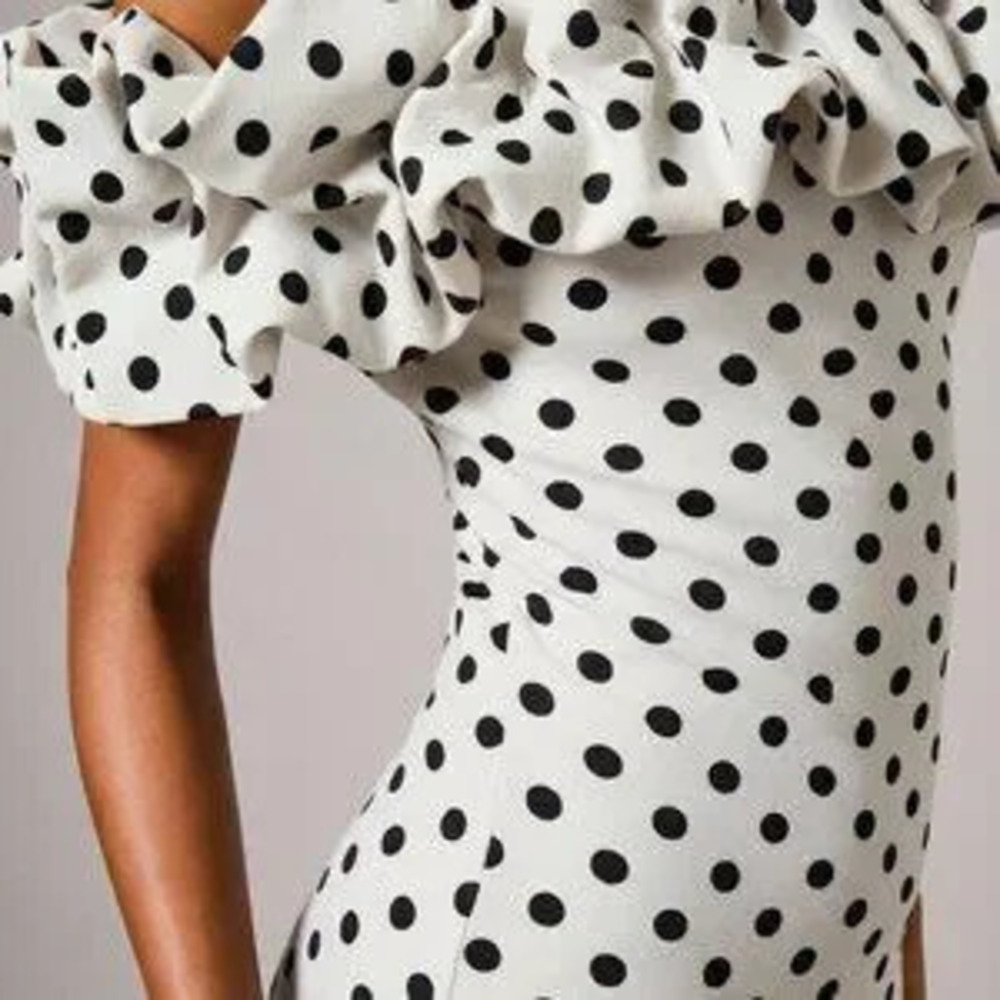 ZARA White Elegant Women's Polka Dot Print Off-Shoulder Mid-Length Dress